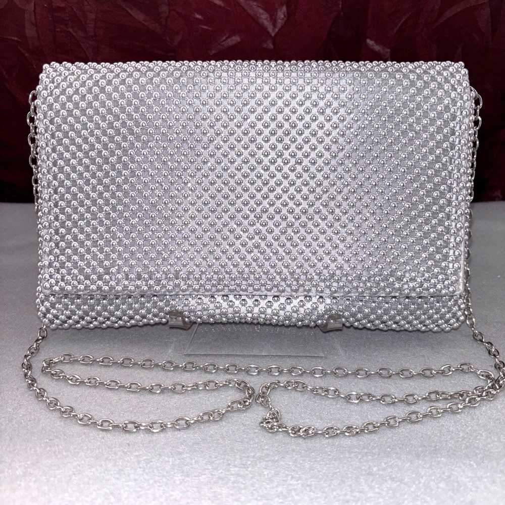 BLUSH Evening Silver Ball Mesh‎ Envelope Flap Clutch Bag Chain Crossbody White